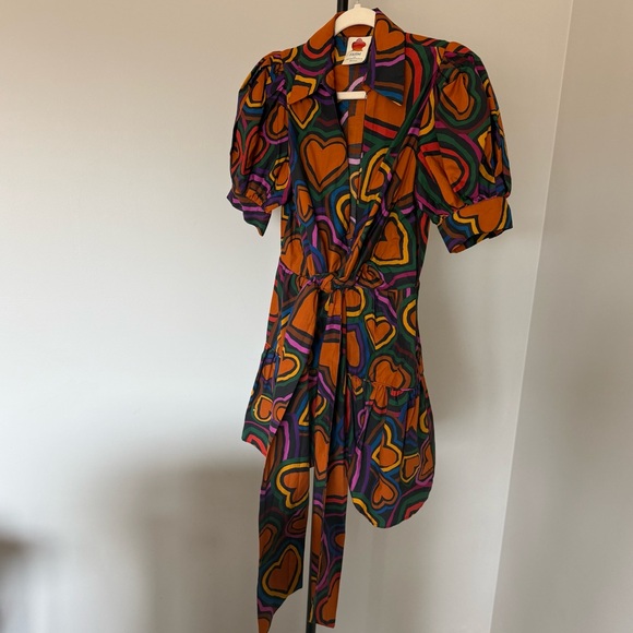 Anthropologie Dresses & Skirts - Farm Rio Anthropologie Heart Print Tie Front Mini Dress XS Puff Sleeve